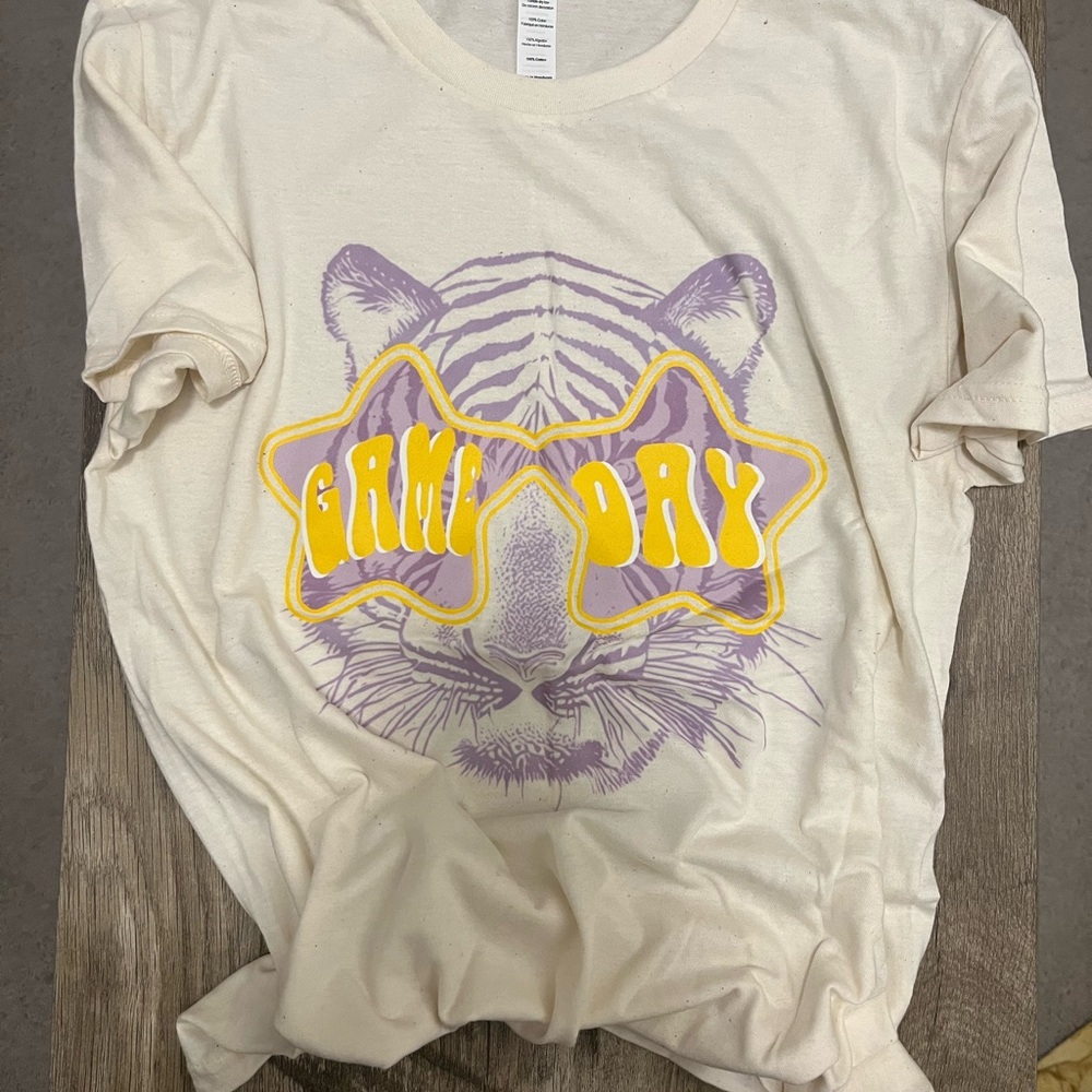 Cream Graphic Tee with Purple and Yellow Design